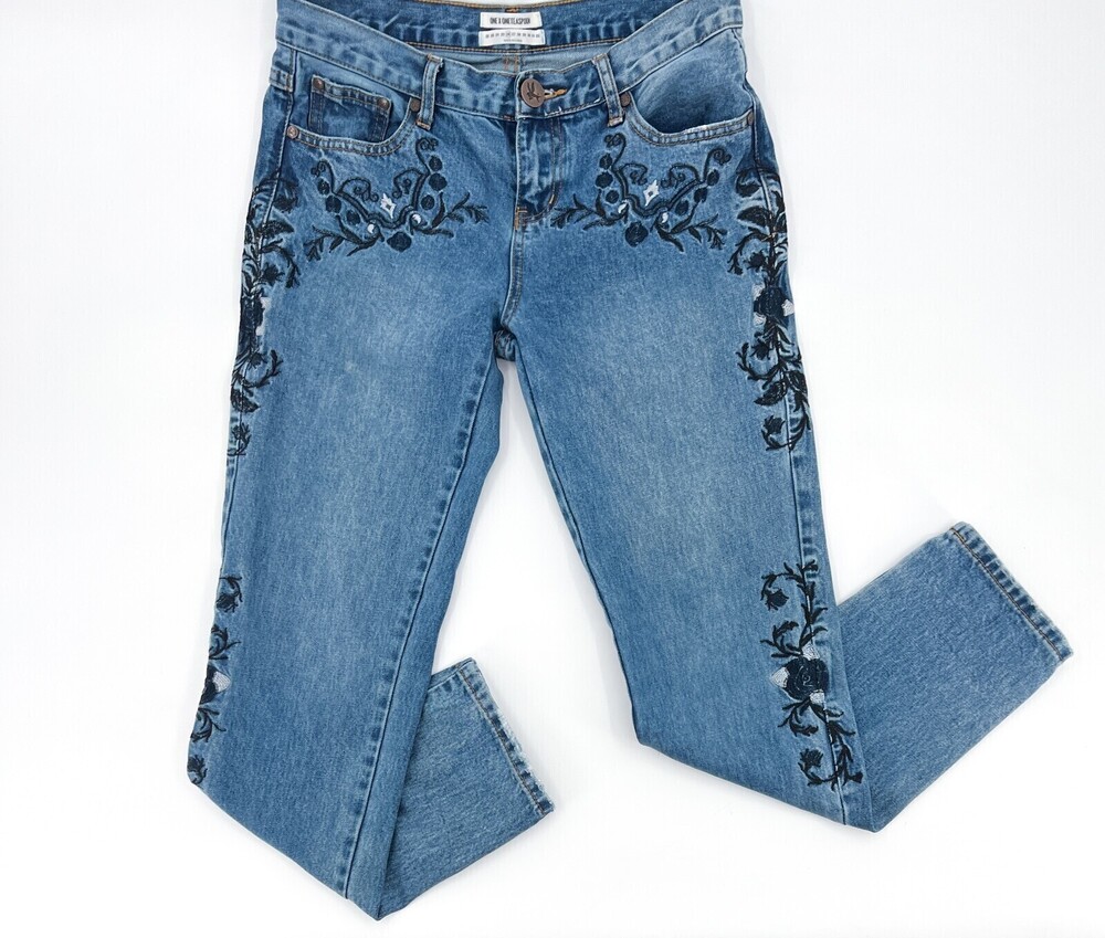 One X ONETEASPOON Jeans Womens 26 Blue Denim Embroidered Floral